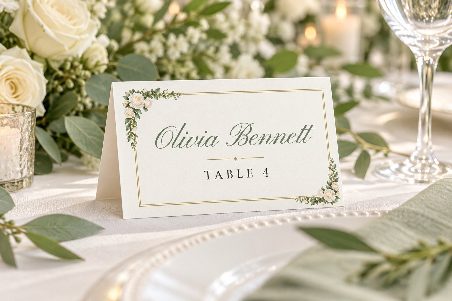 White Roses name tent on a dinner table