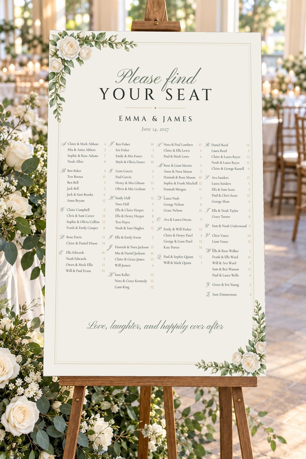 White Roses seating chart at a wedding reception