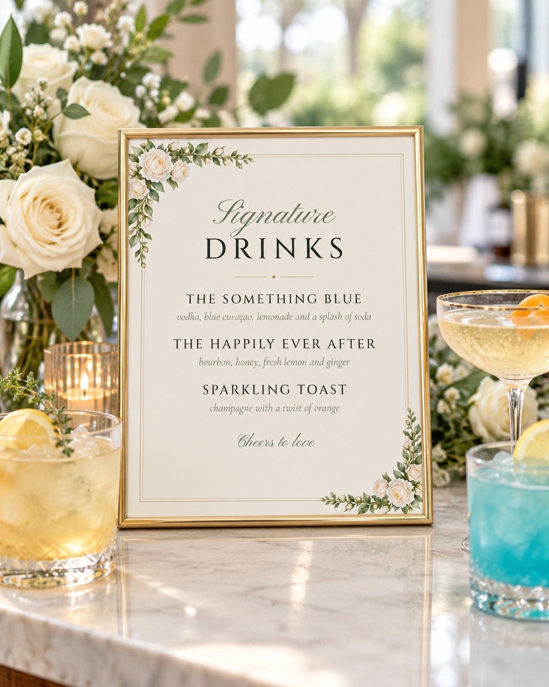 White Roses signature drinks sign at the bar