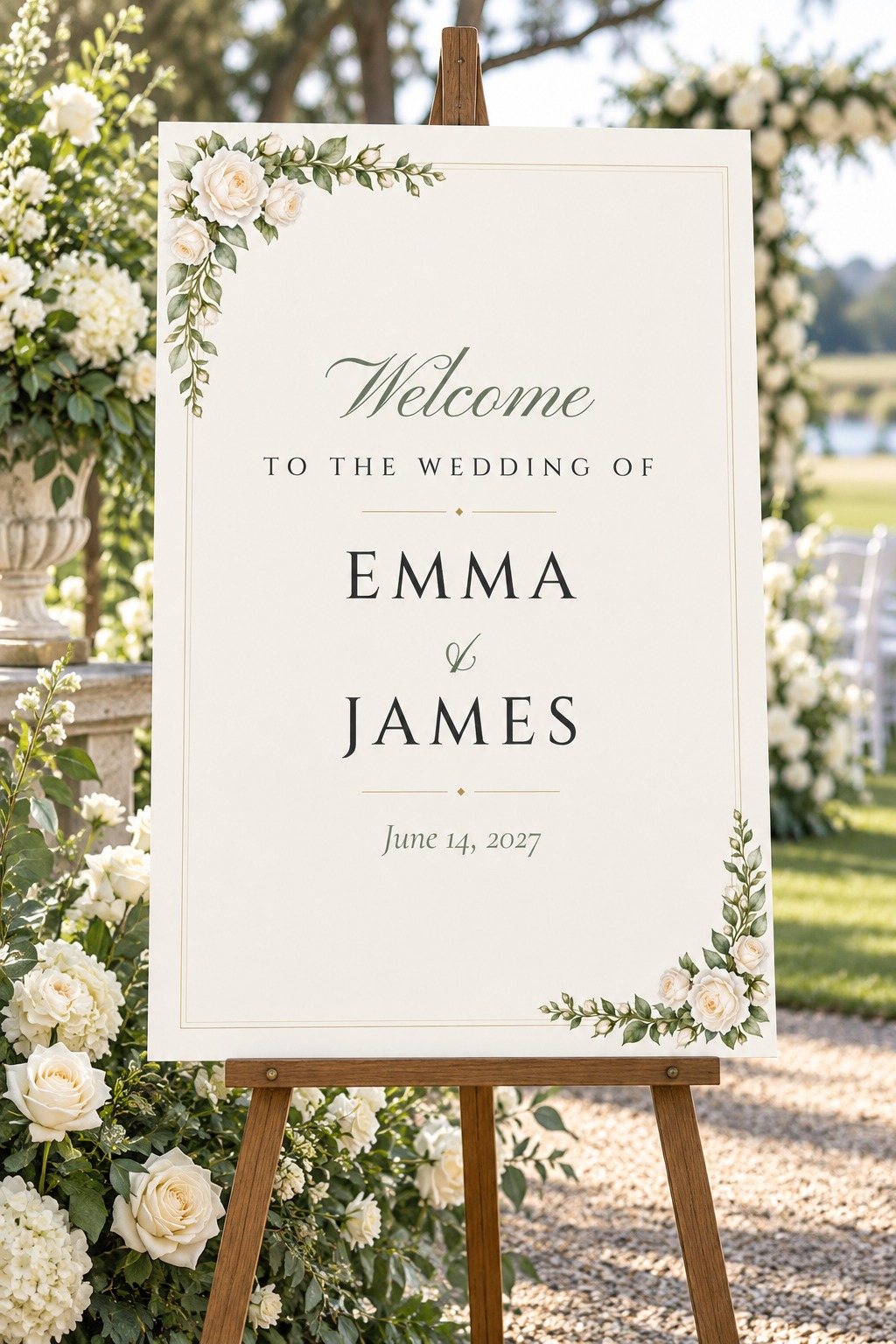 White Roses welcome sign on an easel at a wedding entrance